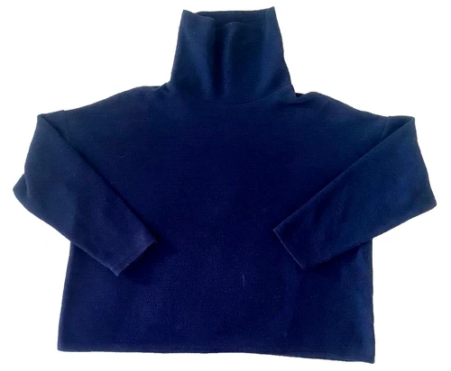 Aerie Women's Cropped Fleece Pullover Size M Navy Turtle Neck Long Sleeve Top