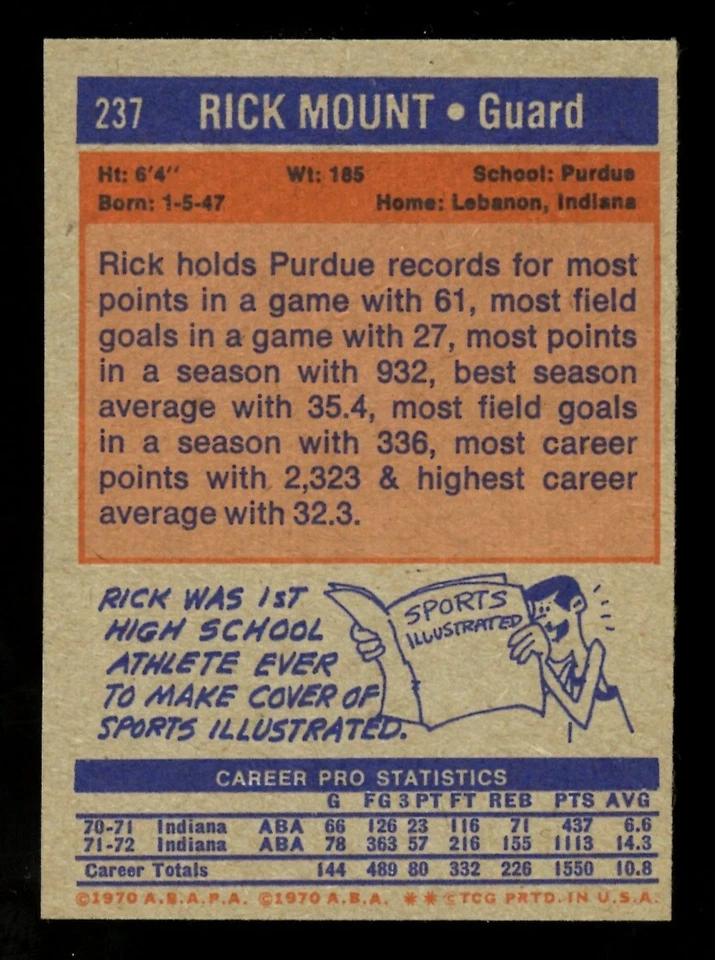 1972-73 TOPPS BASKETBALL #237 Rick Mount NM-MT Kentucky Colonels Indiana Pacers - Image 2 of 2