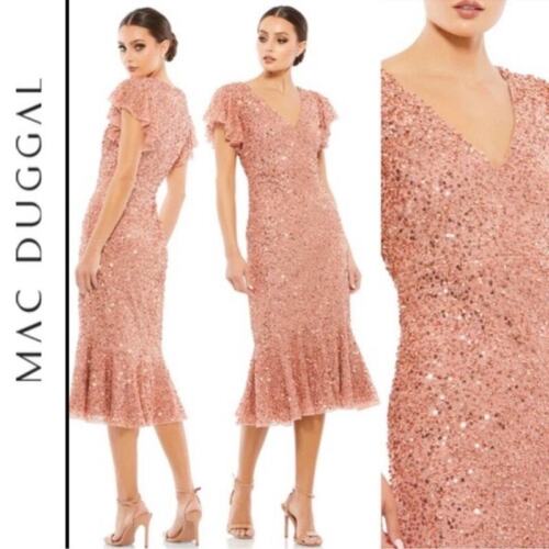 Robe midi neuve Mac Duggal taille 14 rose or rose manches volantes col V paillettes - Photo 2 sur 8