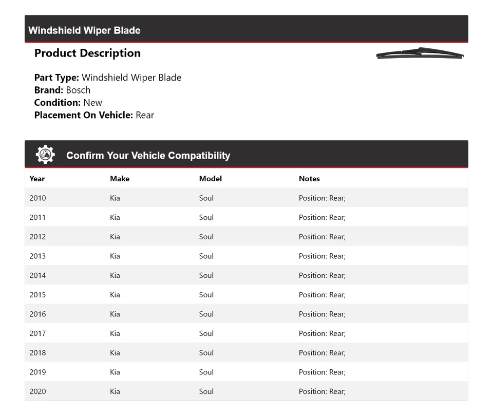 For 2010-2020 Kia Soul Bosch Windshield Wiper Blade Rear 2011 2012 2013 2014 Foto 2 de 4