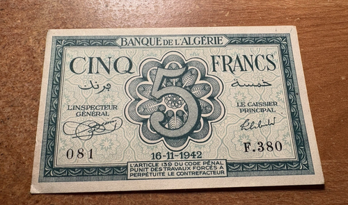 WW2 era French Controlled Algeria 5 Francs 1942 Banknote Foreign Currency WWII - Picture 3 of 4