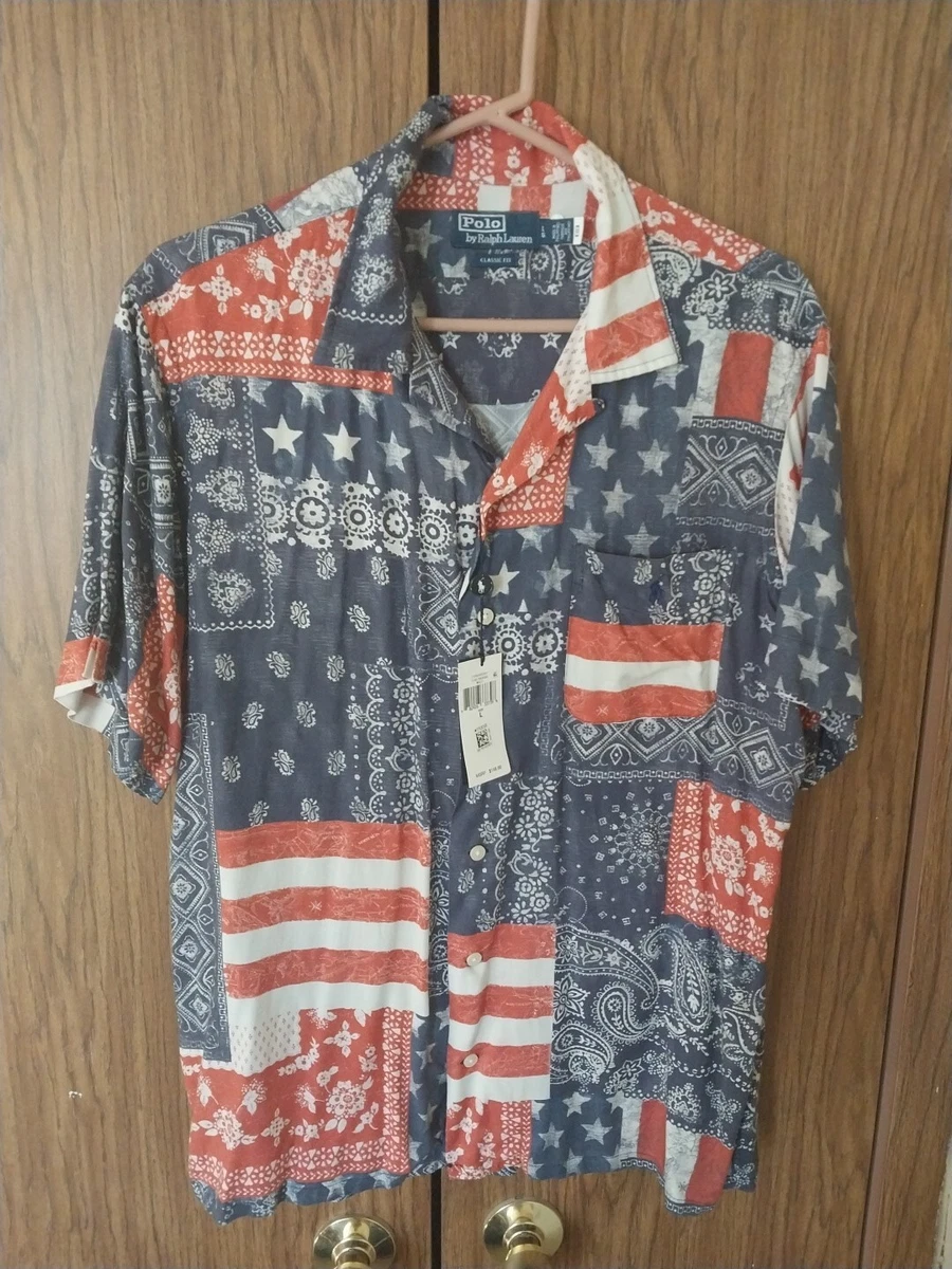 Men's Polo Ralph Lauren Classic Fit Patchwork US Flag Bandana Camp Shirt New tag