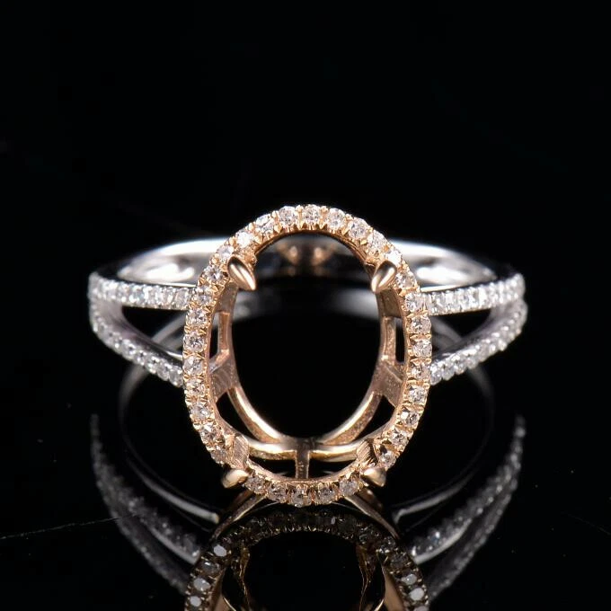 14K Two-Tone Gold Oval 12x9mm Natural Diamond Split Shank Ring Semi Mount - Image 2 of 4