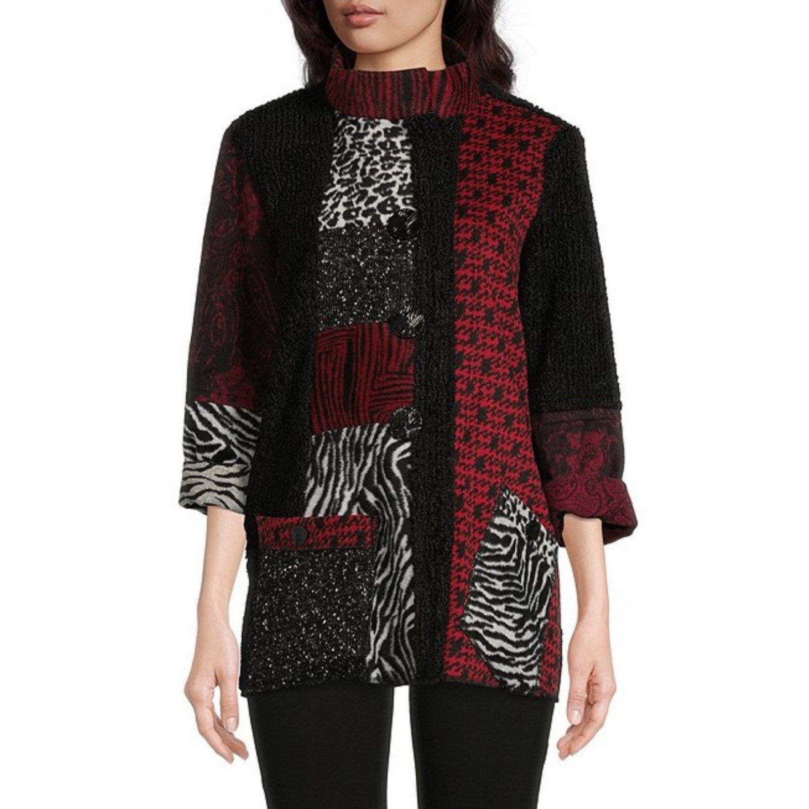 Ali Miles Multi Patchwork Print Funnel Neck 3/4 C… - image 1