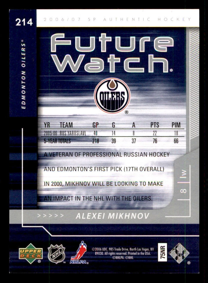 2006-07 SP Authentic #214 Alexei Mikhnov RC /999 (ref 240110) - Image 2 of 2