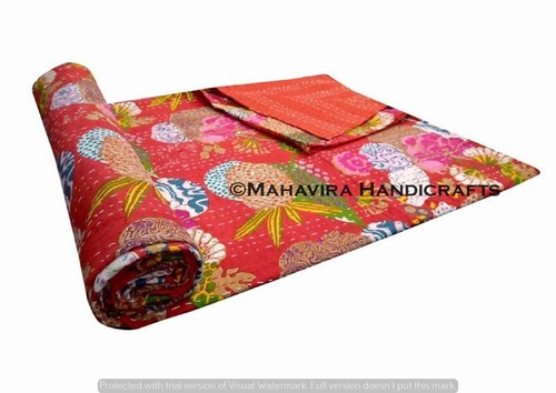 Fruit Print Pure Cotton Red Kantha Quilt Coverlet Boho Queen Size Bedspread - Picture 2 of 5