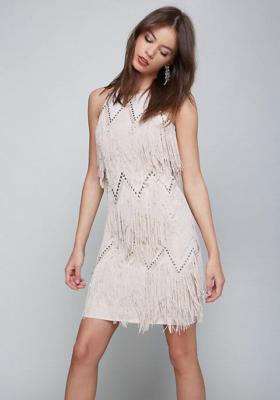 bebe gold fringe dress BEBE OPEN SHOULDER FRINGE EMBELLISHED STUD DRESS NWT NEW XSMALL XS 2