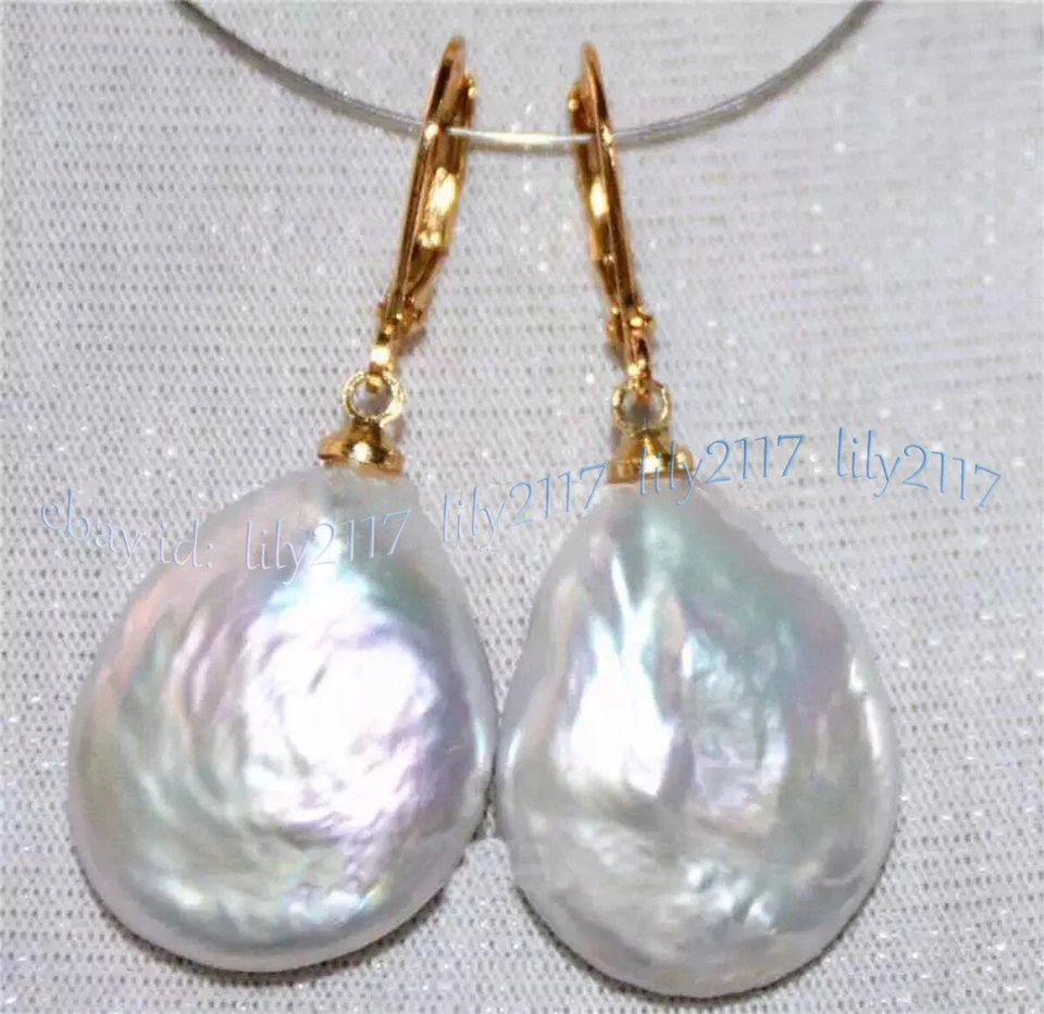 Pendientes de perlas barrocas blancas naturales genuinas del Mar del Sur de oro amarillo de 14K de 17-22 mm Foto 4 de 4