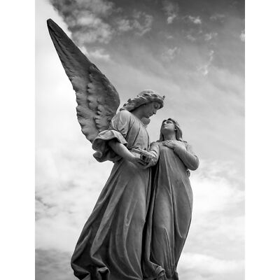 Graustufen Engel Statue bewölkter Himmel Foto großer Wandkunstdruck 18 x 24 Zoll