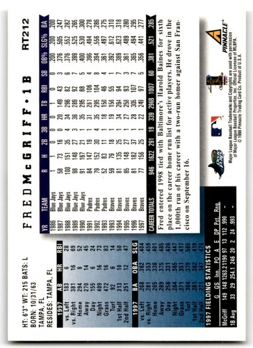 1998 SCORE ROOKIE & TRADED FRED MCGRIFF TAMPA BAY DEVIL RAYS #RT212 - Picture 2 of 2