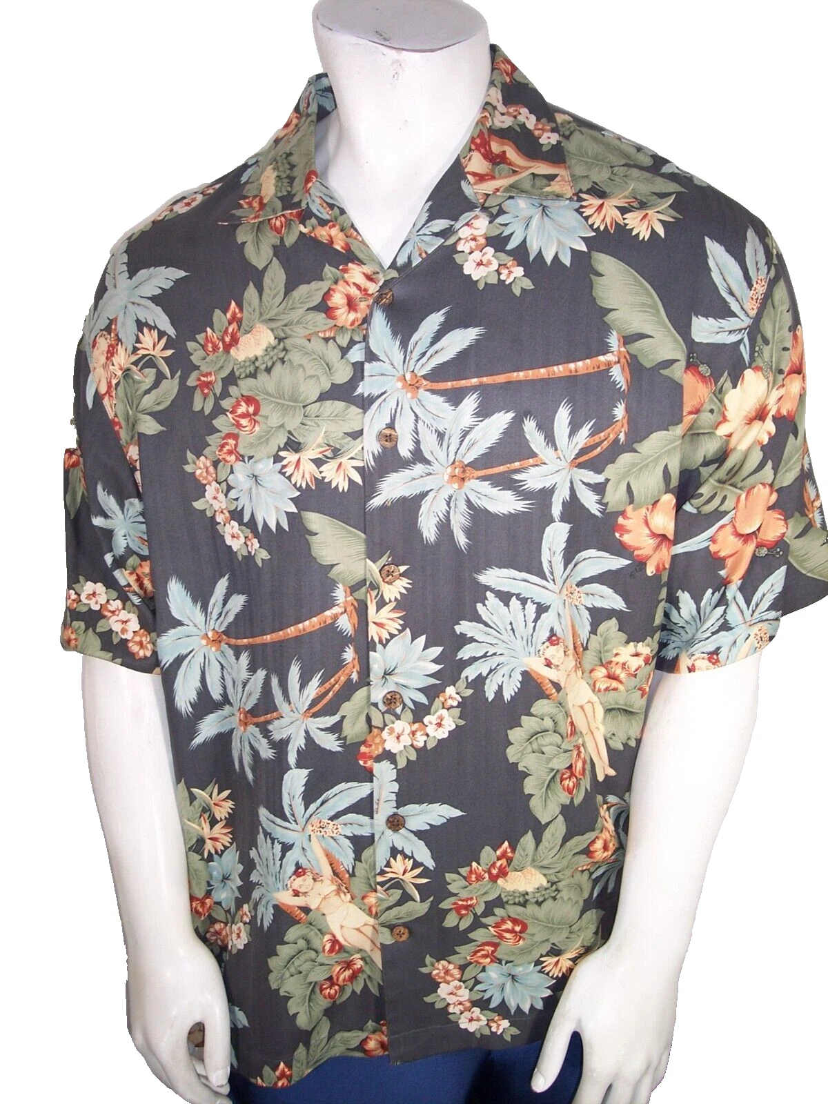 Tommy Bahama Large Palms & Hula Girls Hawaiian Retro Floral Shirt