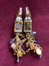 RARE Lunch At The Ritz Wine Crystal Gold Plated  Enamel Earrings 