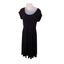 AB Studio Little Black Stretch Dress Womens M Midi Skater Fit & Flare Short Slv