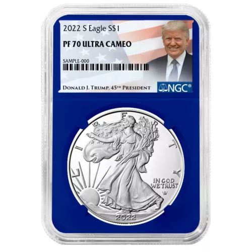 2022-S Proof $1 American Silver Eagle NGC PF70UC Trump Label Blue Core
