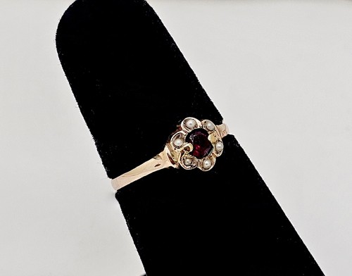 ANTIQUE EDWARDIAN 10K SOLID GOLD RUBY GLASS PEARL RING,6.5 - Picture 2 of 8