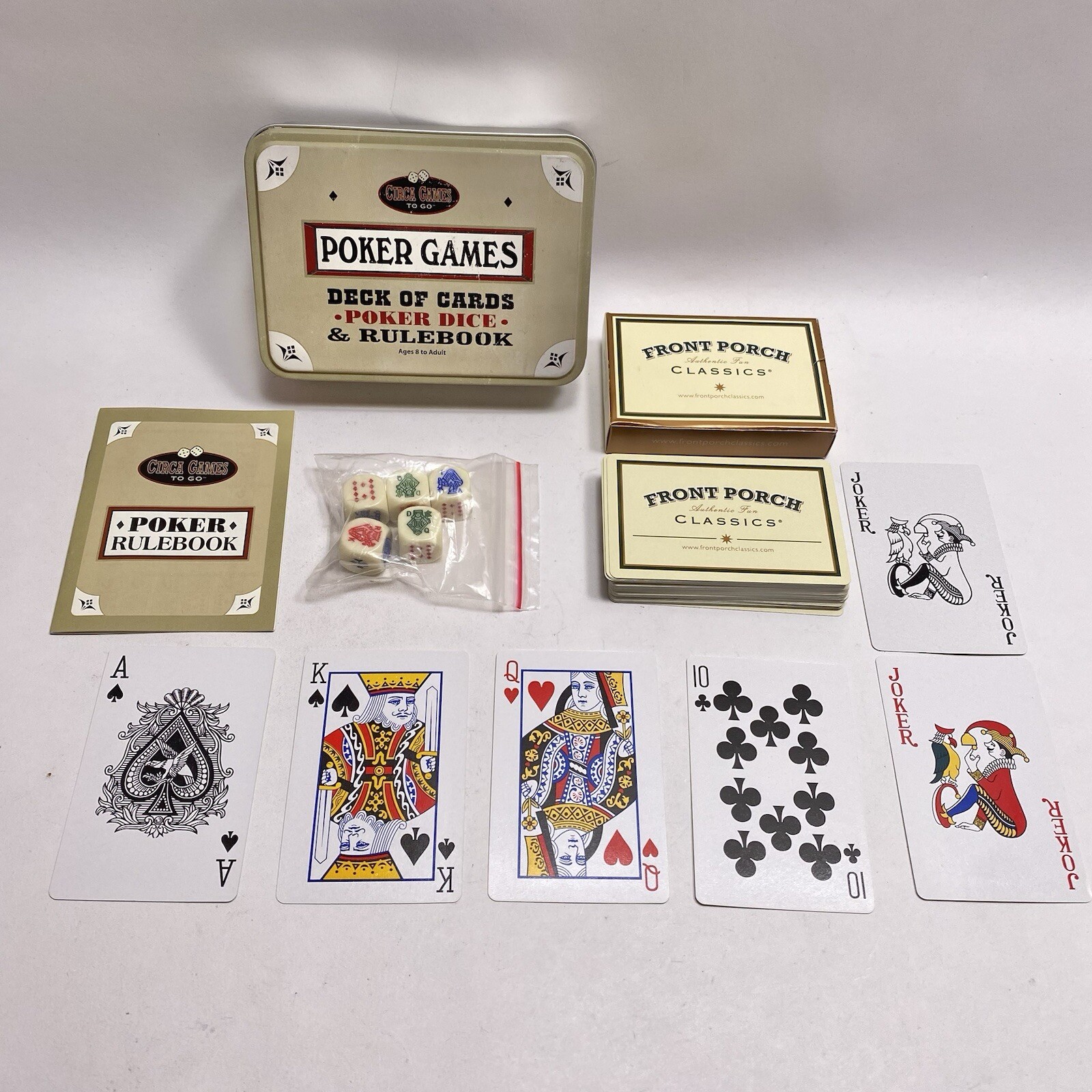 Front Porch Classics Circa Games To Go Poker Playing Cards w Tin Dice & Rulebook