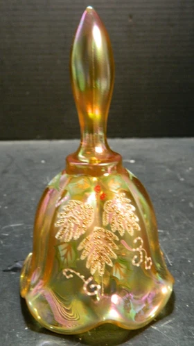 Vintage Fenton Hand Painted Gold Carnival Glass Holly Bell 5.81"x3.38" Excellent