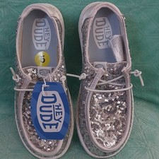 Hey Dude Wendy Silver Sequin Women's Boat Shoes Comfort Slip On Sz 5 No Box