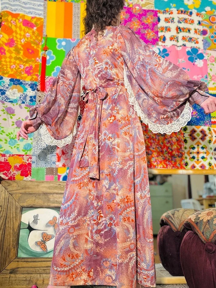 70s VTG Floral Bell Sleeve Prairie Dress Boho Hippie Cottage Farmcore Maxi XS - Image 4 of 4