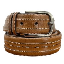 Mezlan Leather Classic Belt SZ 38 Men  s Brown Stitched Buckle Made Spain Dress