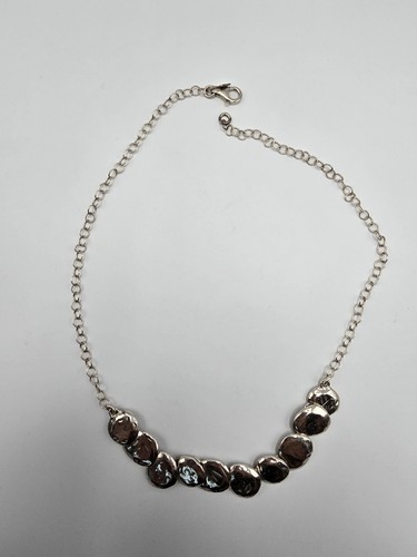 Sterling Silver 925 Modern Hammered Disc Pebble Link Collar Necklace 18 In