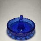 Vintage Cobalt Blue Glass Ring Holder Jewelry Dish Diamond Cut Pattern