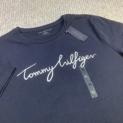 Tommy Hilfiger Womens Navy Blue Signature Script Logo Cotton T-Shirt Size XL NWT