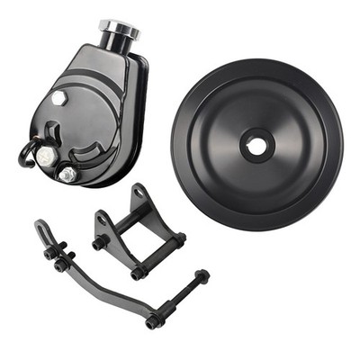 Black Power Steering Pump & Brackets & 1G Pulley Kit for SBC Small Block Chevy