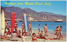 Vintage 1967 Postcard Surf Studs & Bikini Babes Greetings from Malibu Beach CA