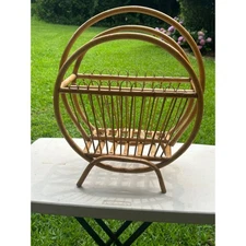 Magazine Stand Holder Rack Boho MCM Circle Bentwood Rattan Faux Bamboo Vtg 