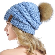 Women Knit Slouchy Beanie Chunky Baggy Hat Faux Fur Pompom Winter Soft Warm Ski
