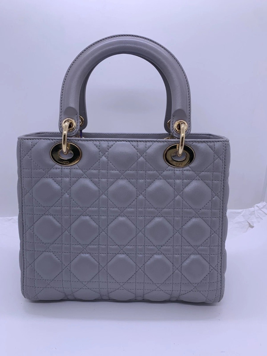 Christian Dior Medium Lady Dior Grey 2-Way Lambskin Gold HW