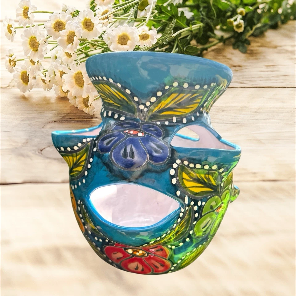 Plantador de morango Talavera azul turquesa com flor 6 bolsos - Imagem 3 de 4