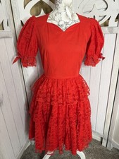 VTG Partners Please Bright Red Lace Puff Sleeve Square Dancing Dress Size 6