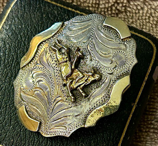 Corbata Bolo .925 Sterling Bull Rider hebilla grabada a mano vintage