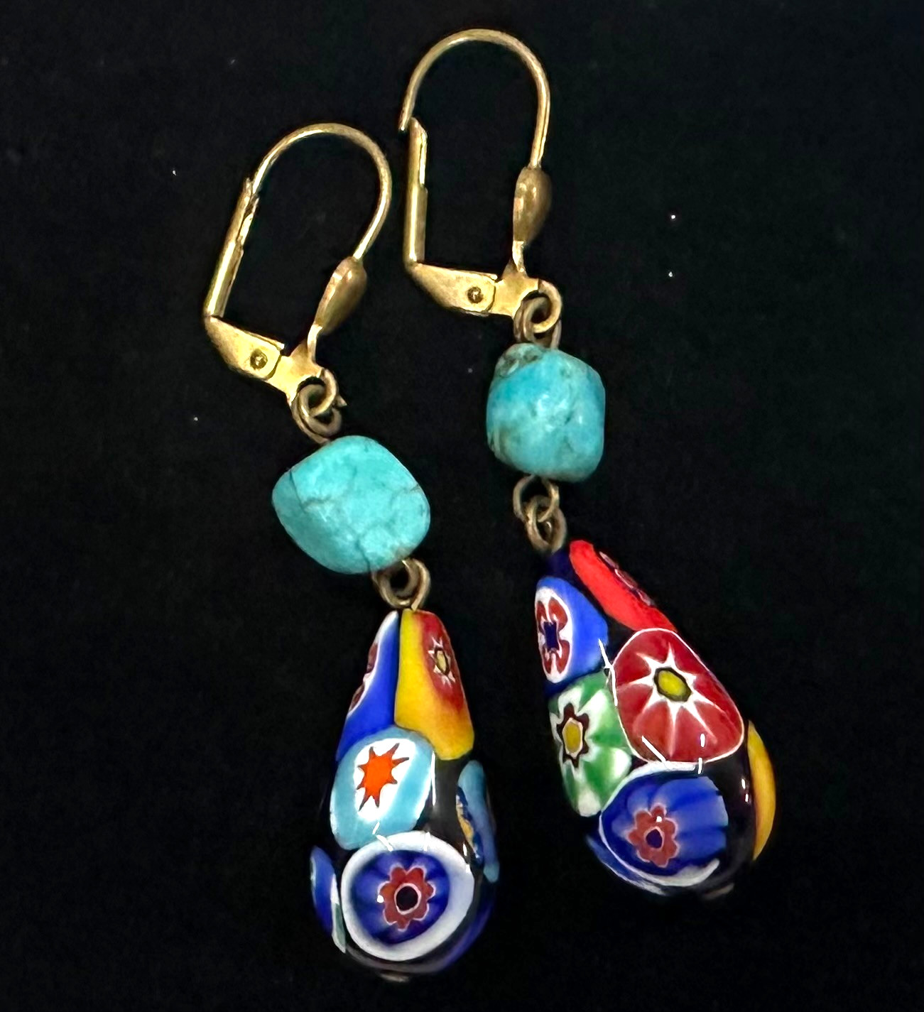 Vtg Costume Mosaic Bead Dangle Gold Tone Pierced Earrings Jewelry Lot N