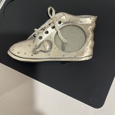 4.75  x 2.75" Metal Baby Shoe Picture Frame, Rattle And Lace Decorate Silver Tone