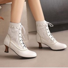 Vintage Women's Ankle Boots Pointed Toe Lace Up Splicing Kitten Heel Shoes Party