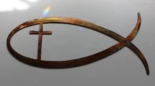 Metal Wall Art Decor Christian Fish Symbol  with Cross 24" Copper/Bronze Plated