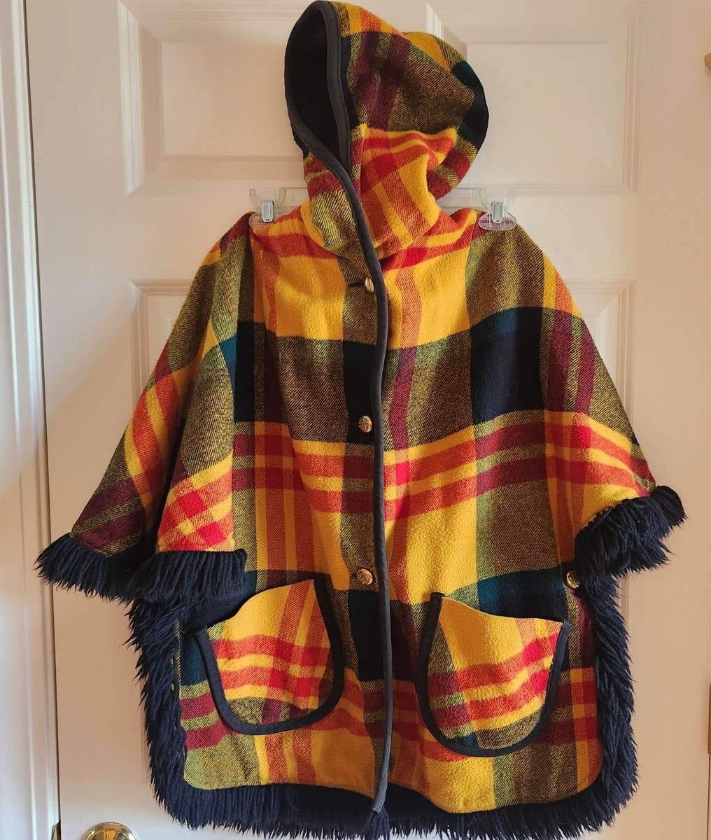 Vintage Women Wool Plaid Fringe Cape Poncho with Hood | eBay