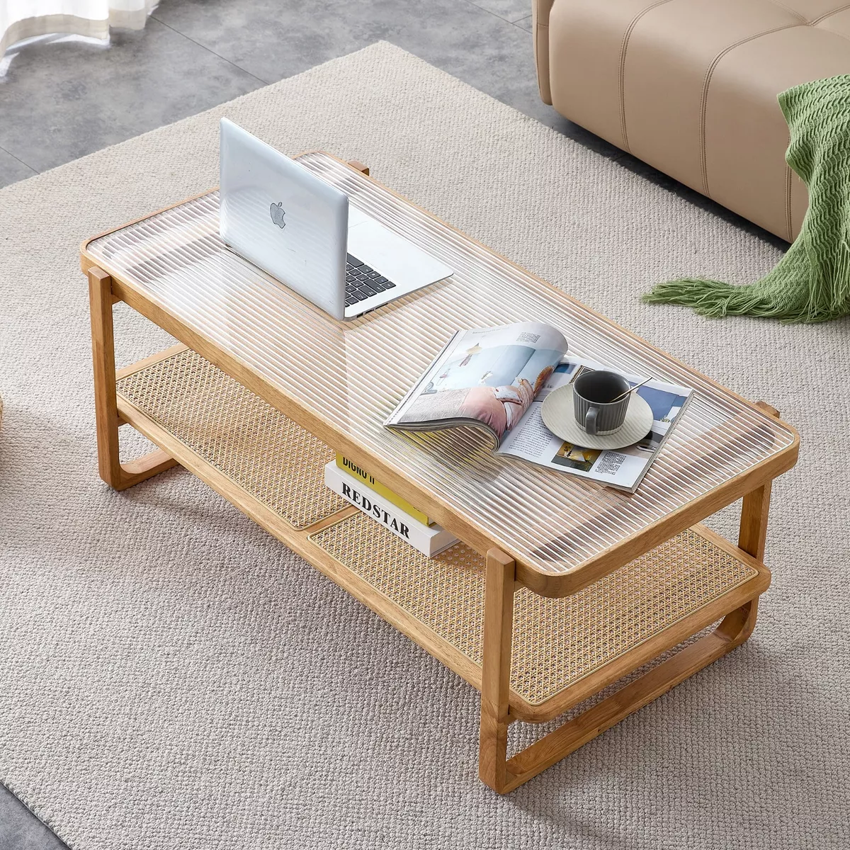 Modern Rectangle Double Layer Solid Wood Glass Top Coffee Table w