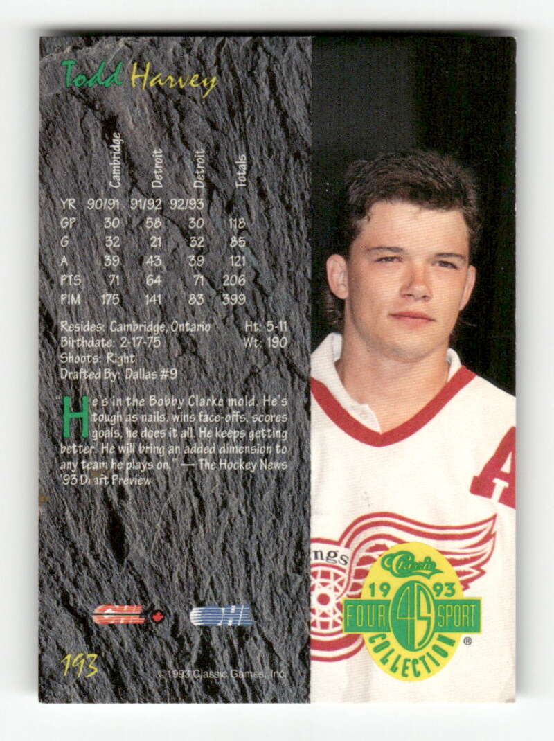 1993 Classic Four Sport 193 Todd Harvey signed auto autograph
