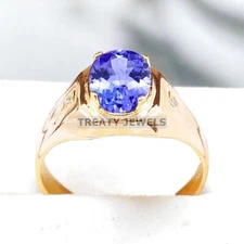 Tanzanite Oval Cut With 925 Sterling Silver Gold Plated Ring For Men's #A568