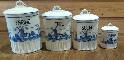 Série de 5 pots ménagers et à épices Art déco en faïence