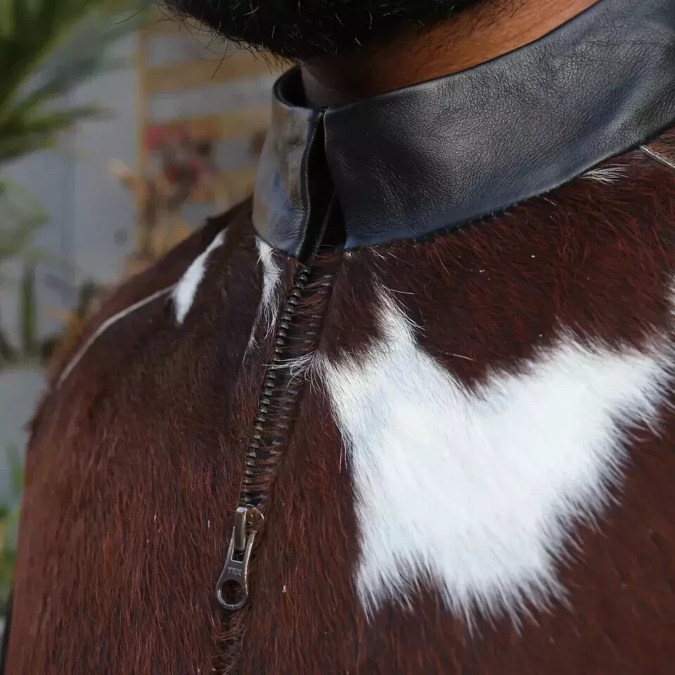 PONY Giacca Western in pelle di mucca da uomo vera pelle di cavallo con capelli elegante camionista