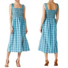 Nicholas Cotton Smocked Apron Plaid Midi Dress Blue Size 12 Retail $495