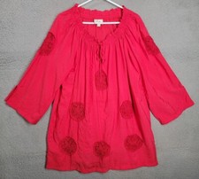 Red Peasant Shift Dress Small With Crochet Cut Outs Beige Eci Boho 3/4 Sleeve