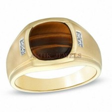Natural Tiger's Eye Gemstone With 14K Gold Plated Silver Ring for Men's 1616