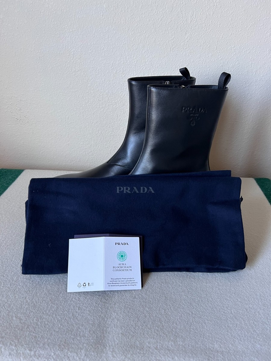 Prada Square Toe Leather Ankle Boots - Size UK 11 - Black - NEW