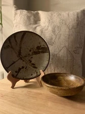 Hand Thrown Art pottery 7” plate and 6” Footed bowl Multicolor VG